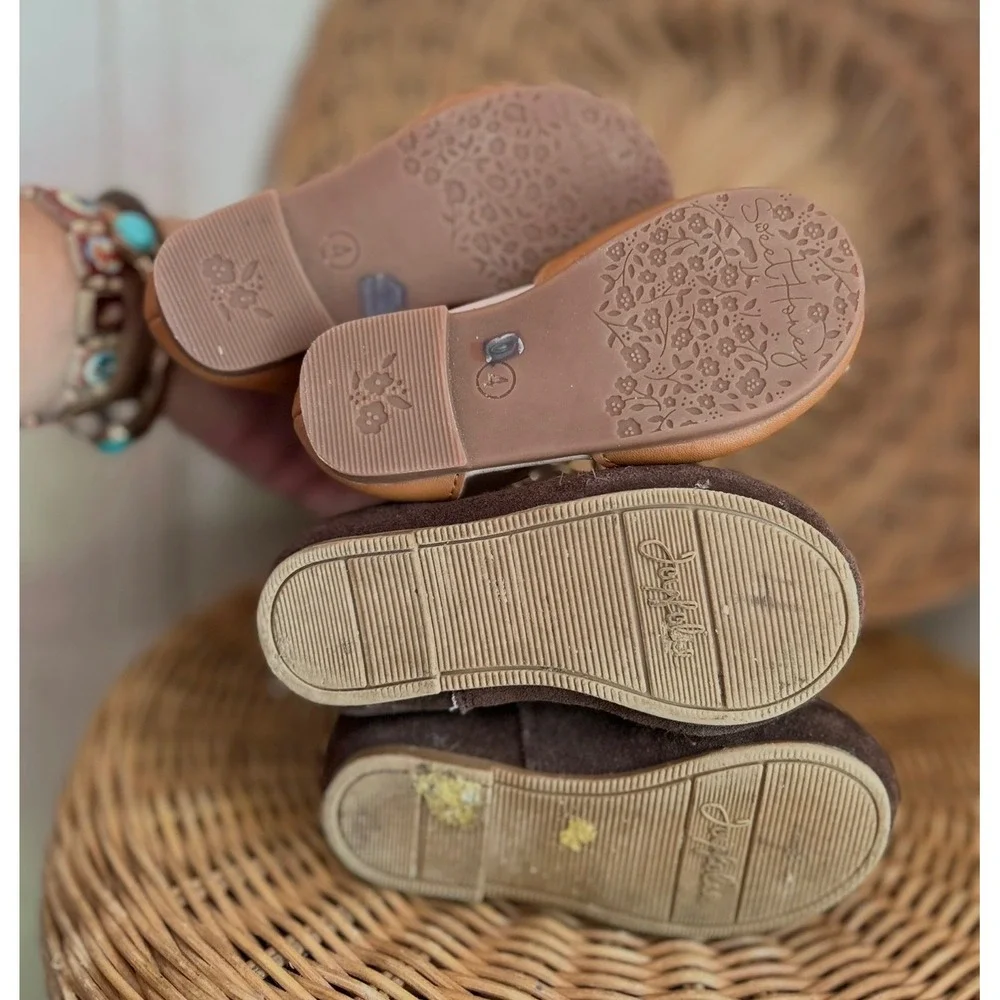Joyfolie Brown Suede Studded Boots & SweetHoney Tan Bow Sandals Toddler 4 Lot